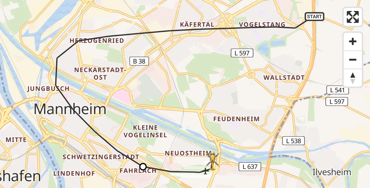 Flugroute Rettungshubschrauber Mannheim - Mannheim-City Flughafen, 16 Mai 2026, 10:34