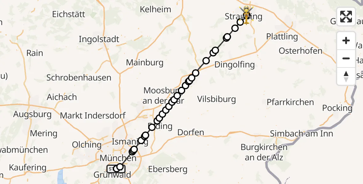 Flugroute Rettungshubschrauber ADAC Air Rescue Center Hubschrauberlandeplatz (Christoph 1) - Sankt Elisabeth Hospital Straubing, 16 Mai 2026, 10:34
