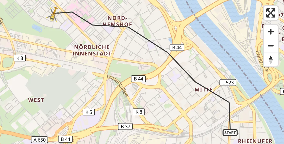 Flugroute Rettungshubschrauber Ludwigshafen am Rhein - Ludwigshafen am Rhein, 16 Mai 2026, 10:35