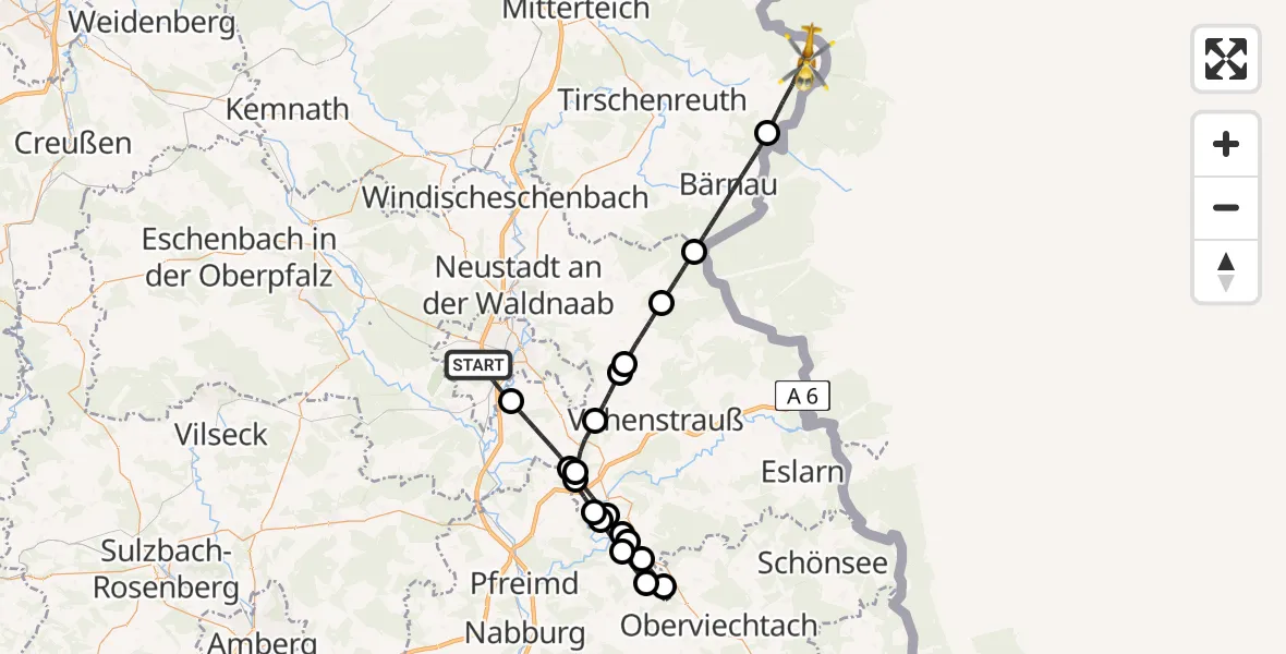 Flugroute Rettungshubschrauber Weiden i.d.OPf. - Mähring, 16 Mai 2026, 10:37