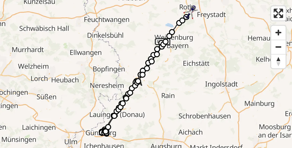 Flugroute Polizeihubschrauber Alesheim - Roth, 16 Mai 2026, 10:37