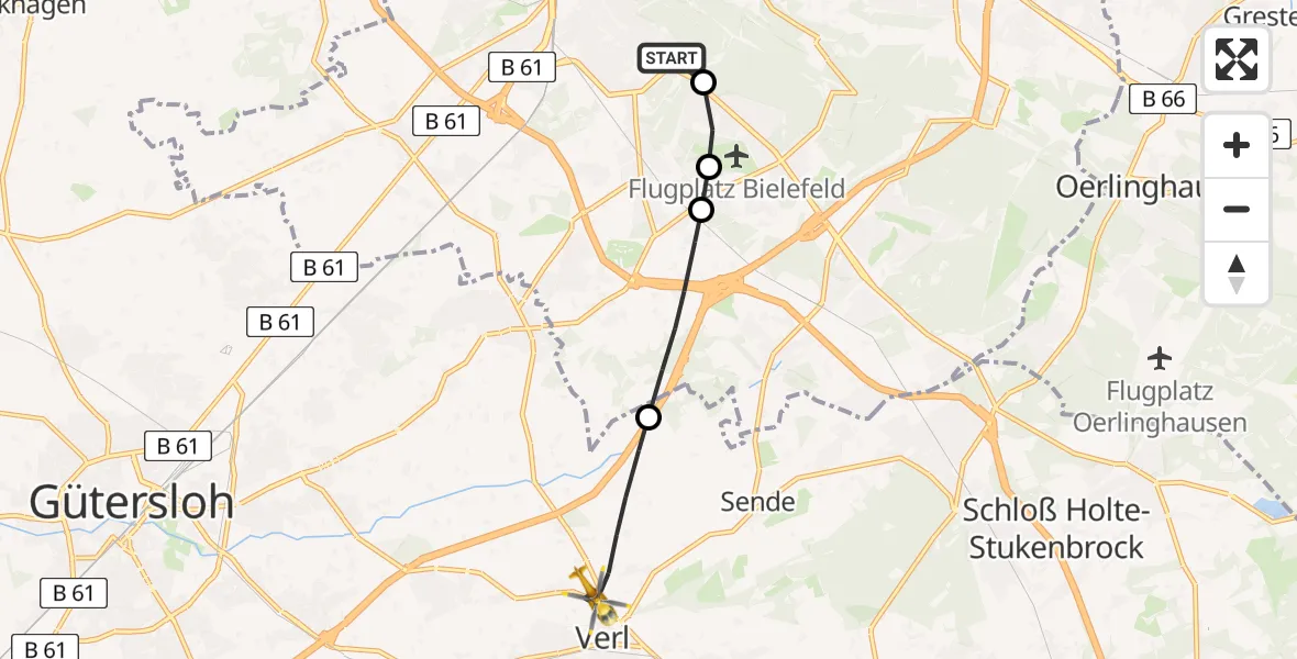 Flugroute Rettungshubschrauber Luftrettungszentrum Bielefeld - Verl, 16 Mai 2026, 10:40