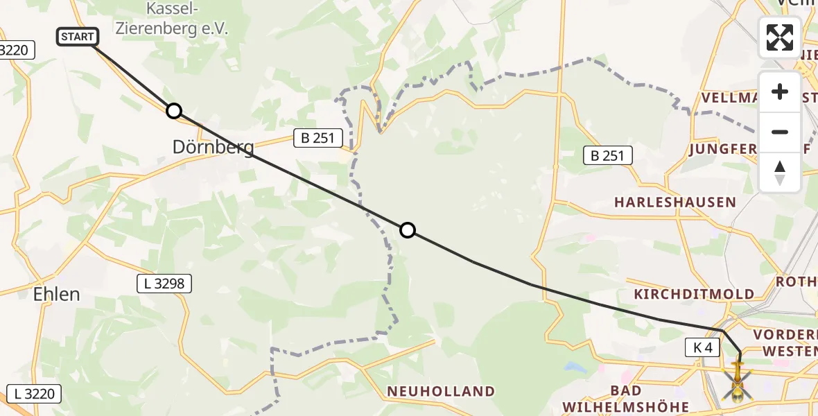 Flugroute Rettungshubschrauber Zierenberg - Kassel, 16 Mai 2026, 10:44