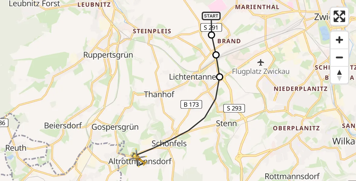 Flugroute Rettungshubschrauber ADAC Air Rescue Station Zwickau Hubschrauberlandeplatz - Lichtentanne, 16 Mai 2026, 10:55