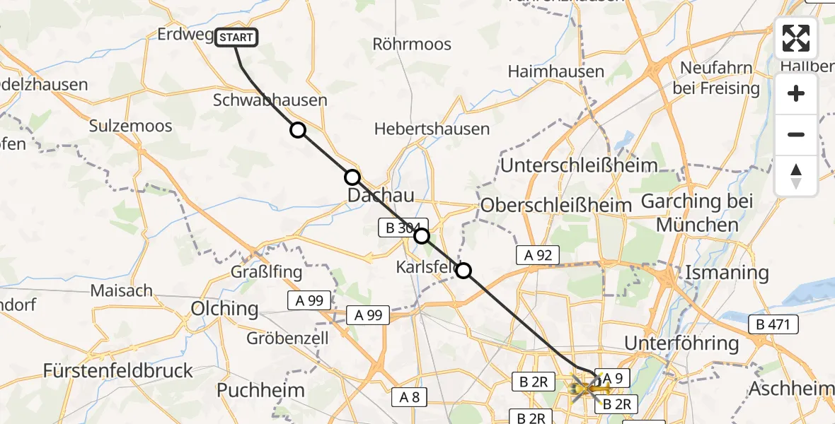 Flugroute Rettungshubschrauber Schwabhausen - München, 16 Mai 2026, 10:55