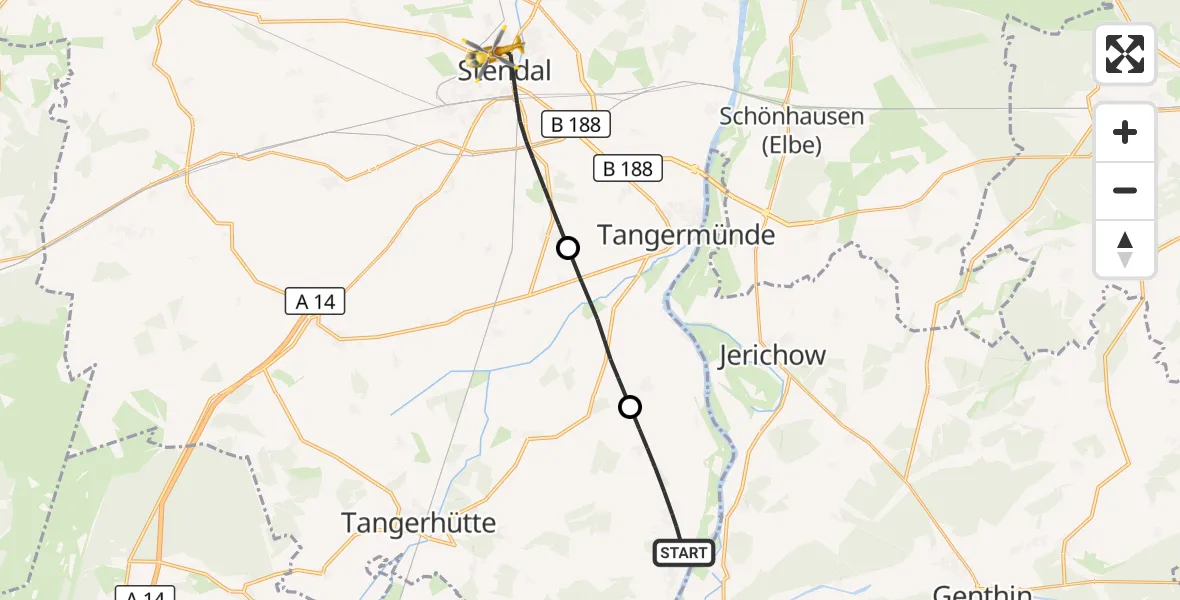 Flugroute Rettungshubschrauber Tangerhütte - Stendal, 16 Mai 2026, 11:01