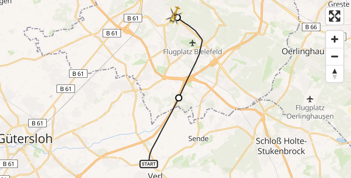 Flugroute Rettungshubschrauber Verl - Luftrettungszentrum Bielefeld, 16 Mai 2026, 11:09