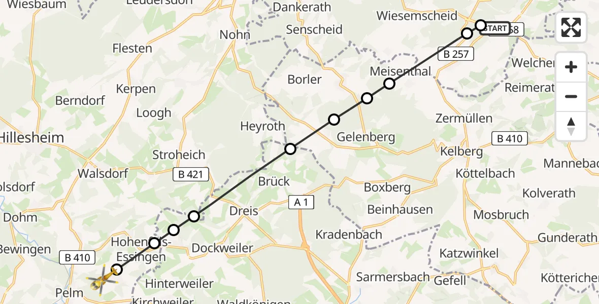 Flugroute Ambulanzhubschrauber Nürburgring Hubschrauberlandeplatz - Berlingen, 16 Mai 2026, 11:14