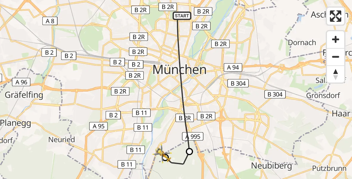 Flugroute Rettungshubschrauber München - ADAC Air Rescue Center Hubschrauberlandeplatz (Christoph 1), 16 Mai 2026, 11:14
