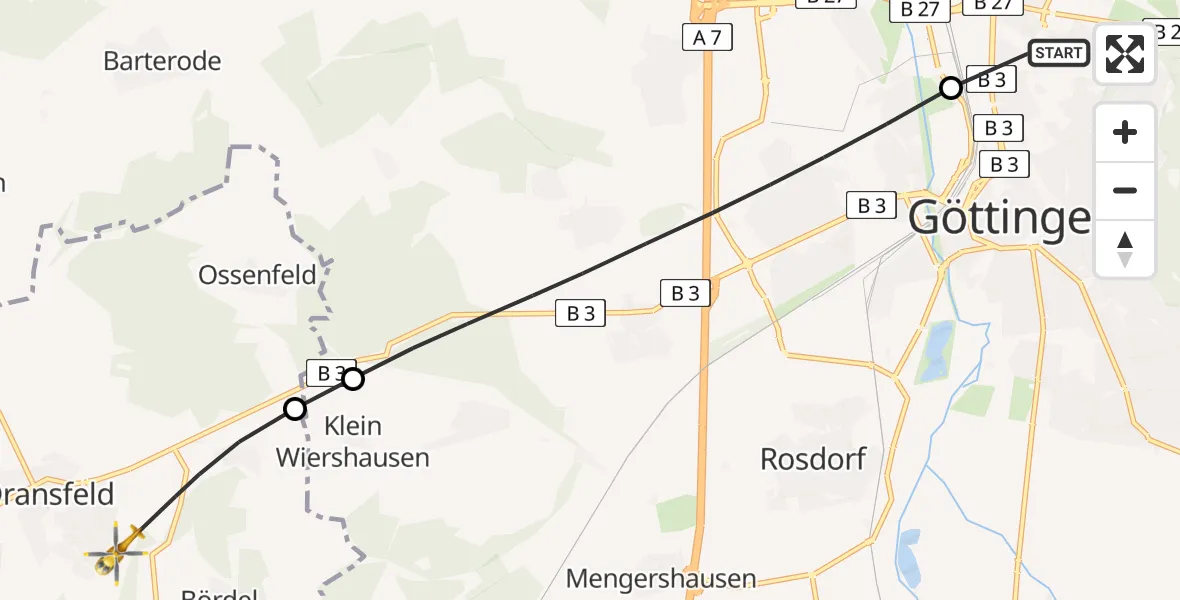 Flugroute Rettungshubschrauber Göttingen University Clinic Hubschrauberlandeplatz - Dransfeld, 16 Mai 2026, 11:16
