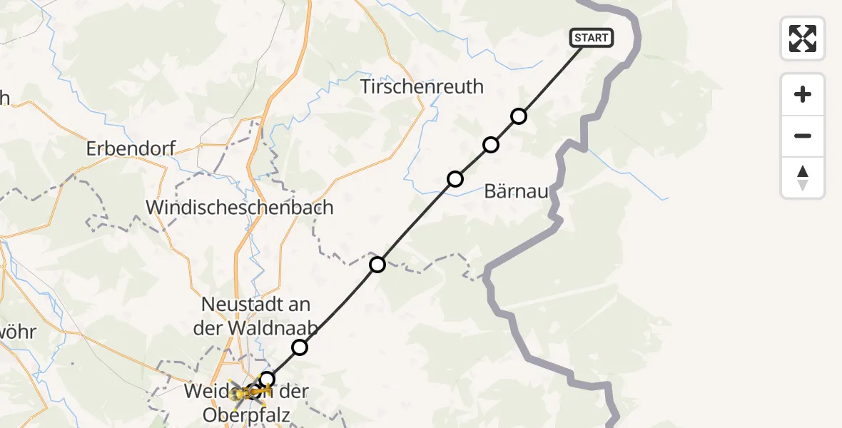 Flugroute Rettungshubschrauber Mähring - Weiden Hospital, 16 Mai 2026, 11:22