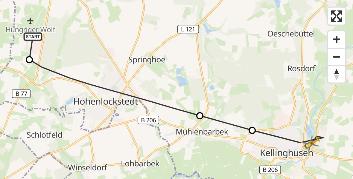Flugroute Rettungshubschrauber Itzehoe Hungriger Wolf Flugplatz - Kellinghusen, 16 Mai 2026, 11:29