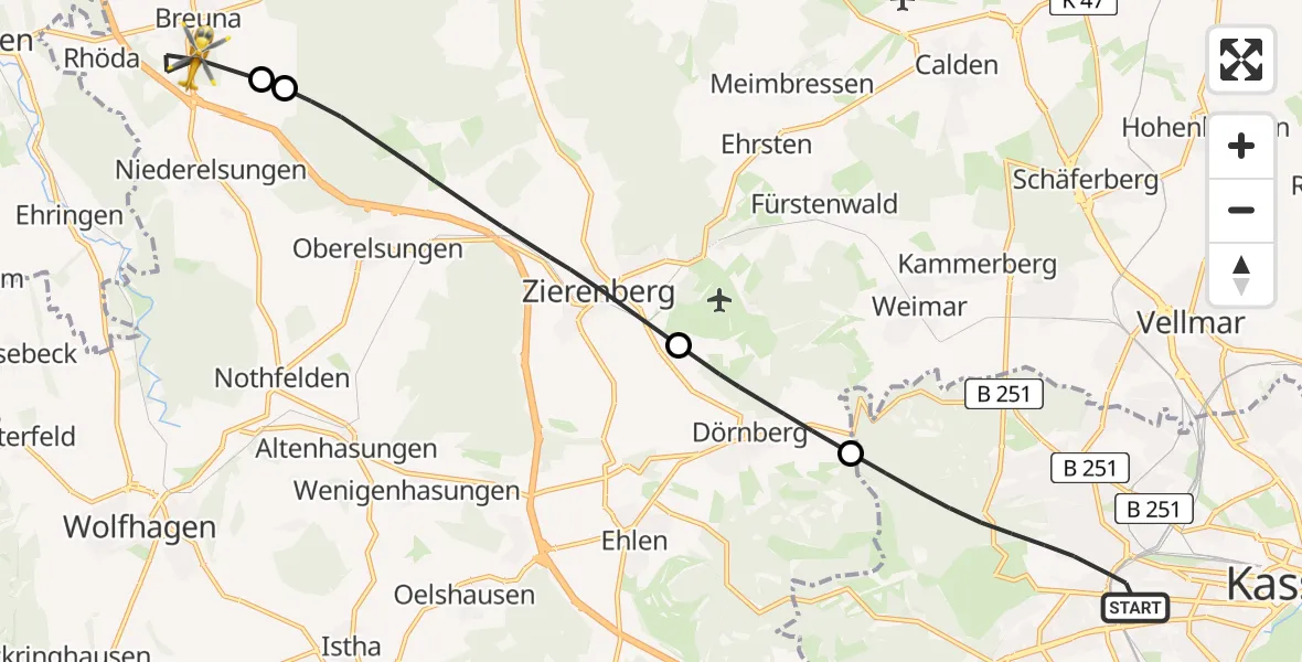 Flugroute Rettungshubschrauber Kassel - Breuna, 16 Mai 2026, 11:31