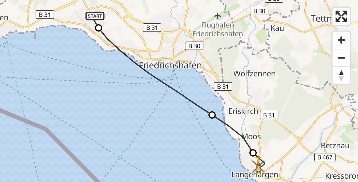 Flugroute Rettungshubschrauber Friedrichshafen Hospital - Langenargen, 16 Mai 2026, 11:43