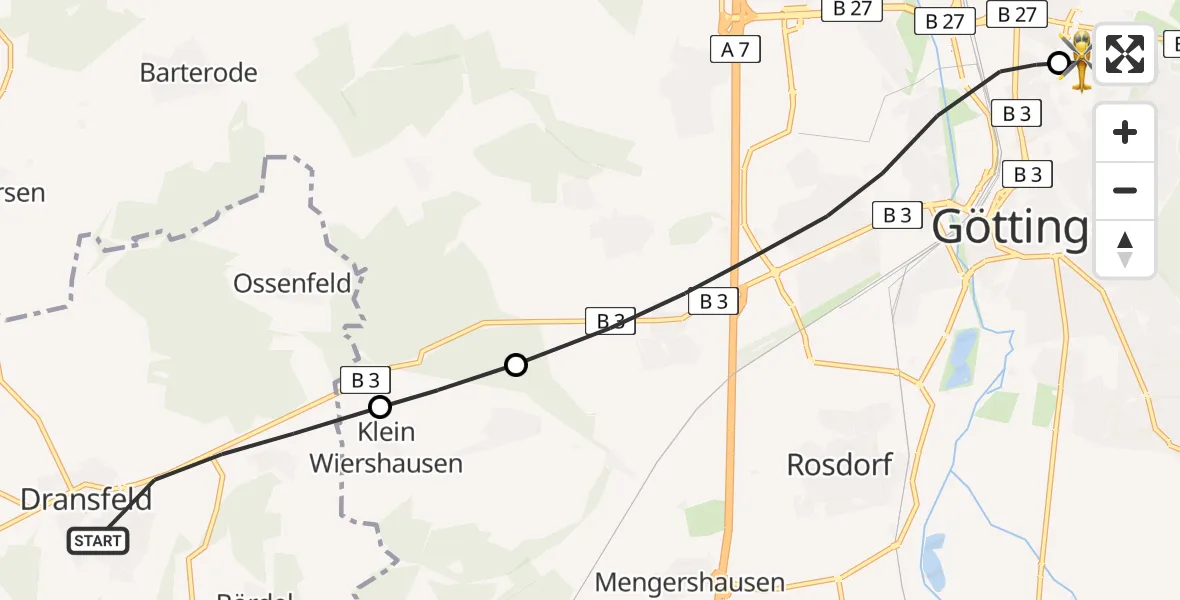 Flugroute Rettungshubschrauber Dransfeld - Göttingen University Clinic Hubschrauberlandeplatz, 16 Mai 2026, 11:47