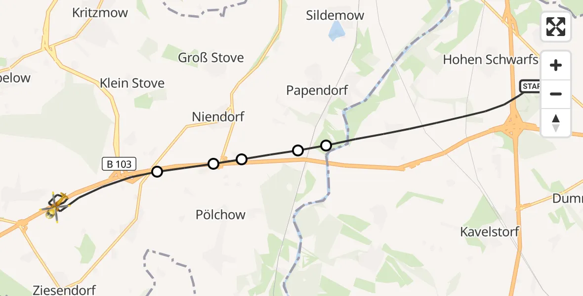 Flugroute Ambulanzhubschrauber Dummerstorf - Ziesendorf, 16 Mai 2026, 11:48