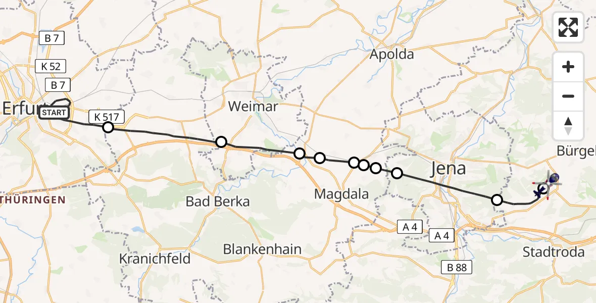 Flugroute Polizeihubschrauber Erfurt - Jena-Schöngleina Flugplatz, 16 Mai 2026, 12:07