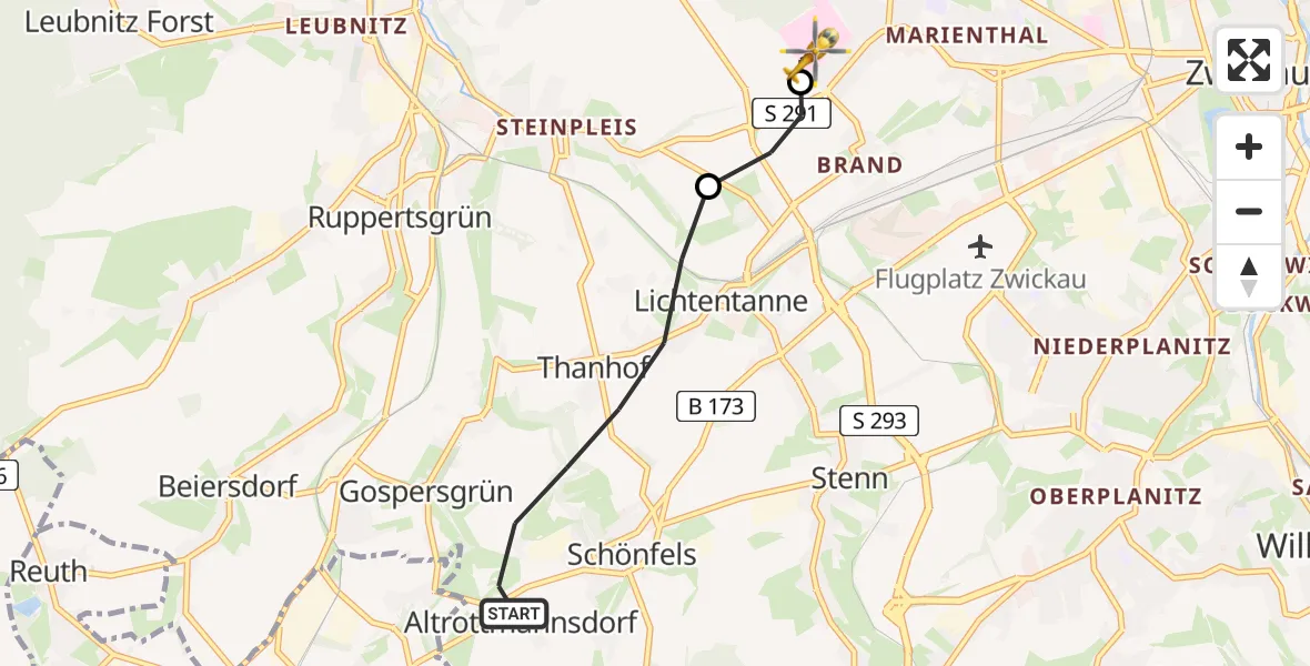 Flugroute Rettungshubschrauber Lichtentanne - ADAC Air Rescue Station Zwickau Hubschrauberlandeplatz, 16 Mai 2026, 12:07