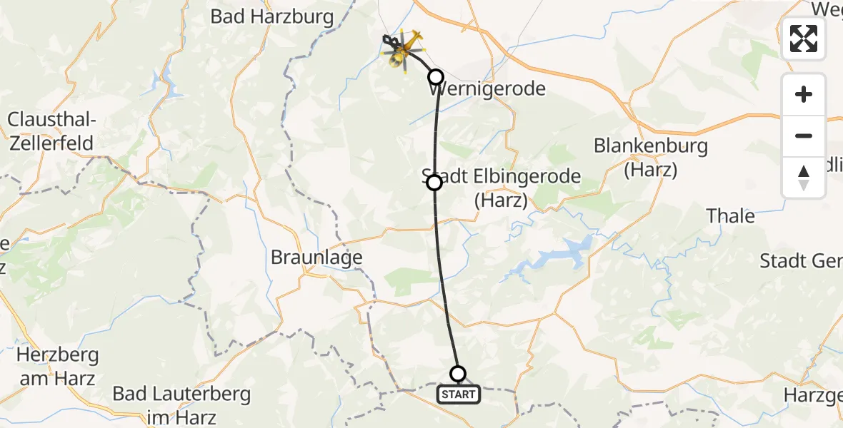 Flugroute Rettungshubschrauber Ellrich - Ilsenburg (Harz), 16 Mai 2026, 12:10