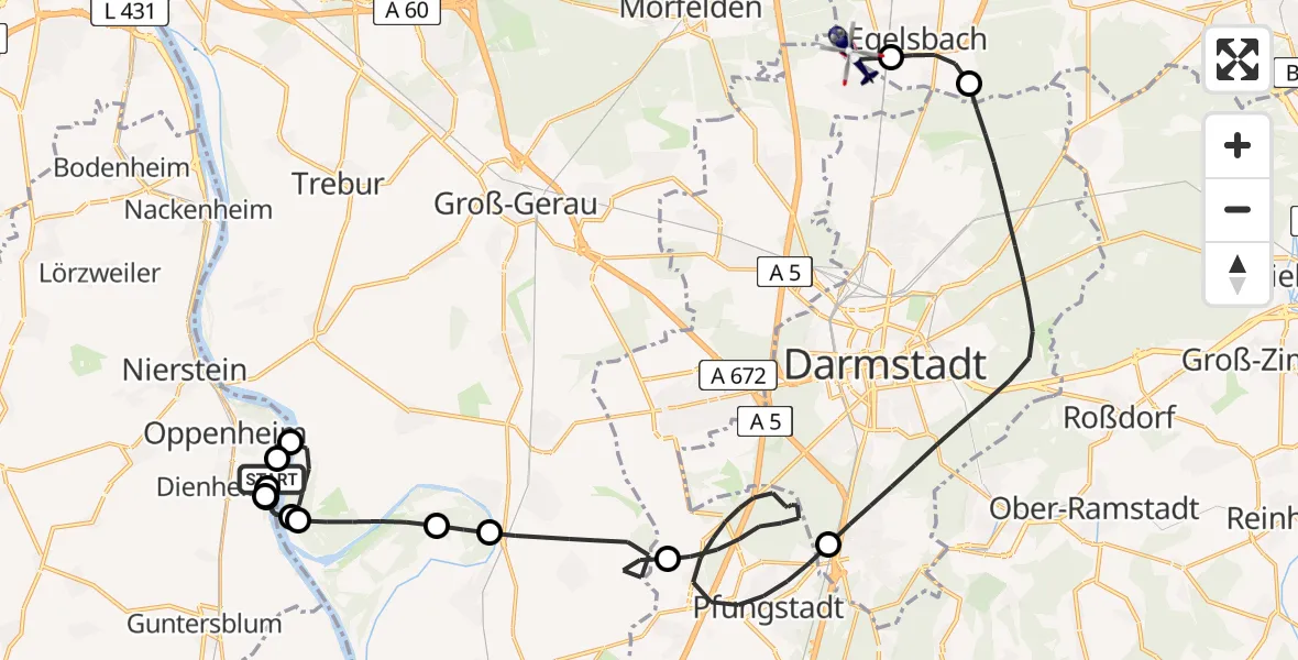 Flugroute Polizeihubschrauber Oppenheim Flugplatz - Flughafen Frankfurt-Egelsbach, 16 Mai 2026, 12:11