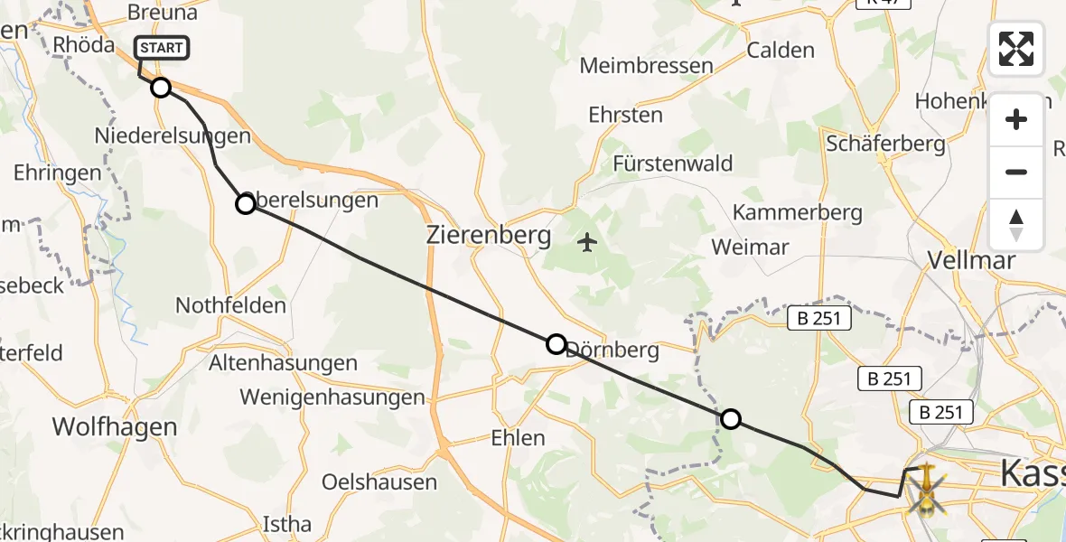 Flugroute Rettungshubschrauber Breuna - Kassel, 16 Mai 2026, 12:12