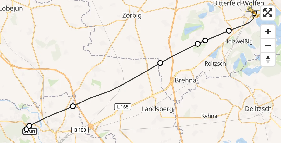 Flugroute Rettungshubschrauber Halle (Saale) University Hospital - Bitterfield-Wolfen Health Center Hubschrauberlandeplatz, 16 Mai 2026, 12:18