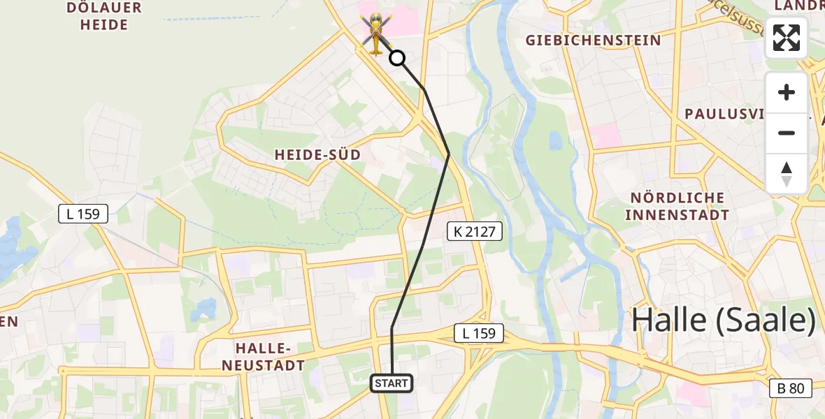 Flugroute Rettungshubschrauber Halle (Saale) - Halle (Saale) University Hospital, 16 Mai 2026, 12:23