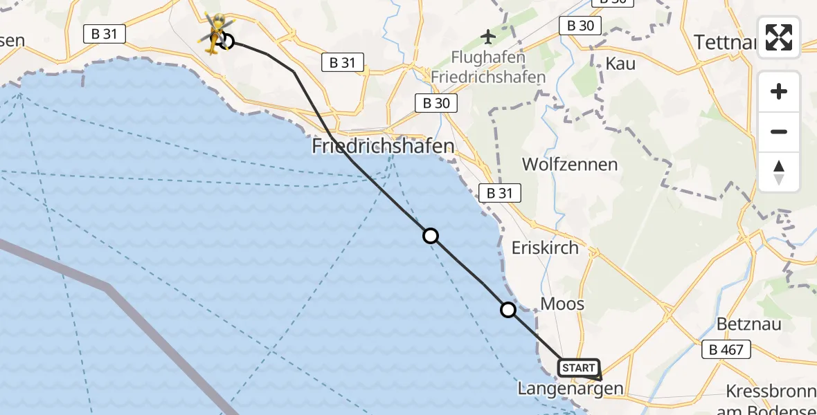Flugroute Rettungshubschrauber Langenargen - Friedrichshafen Hospital, 16 Mai 2026, 12:25