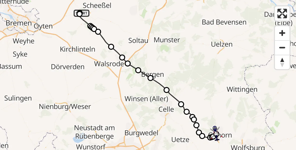 Flugroute Polizeihubschrauber Rotenburg (Wümme) Flugplatz - Gifhorn Bundespolizei Hubschrauberlandeplatz, 16 Mai 2026, 12:31