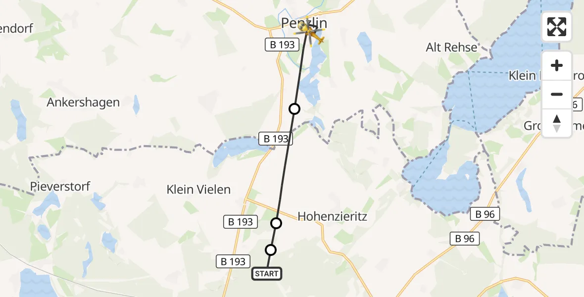 Flugroute Rettungshubschrauber Klein Vielen - Penzlin, 16 Mai 2026, 12:37