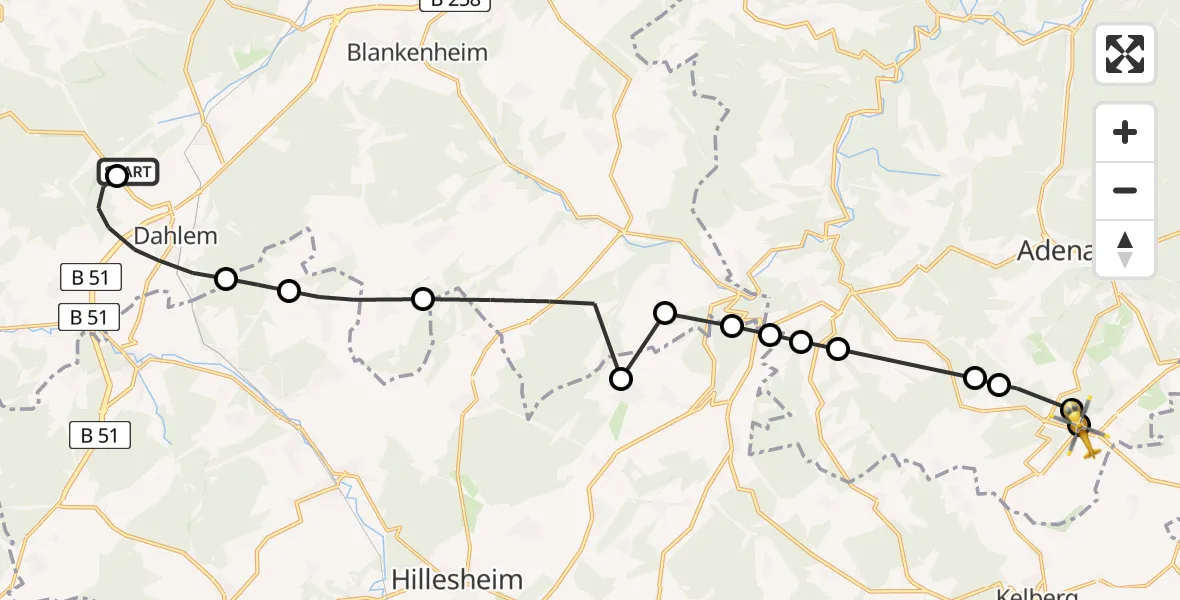 Flugroute Ambulanzhubschrauber Dahlemer Binz Flugplatz - Nürburgring Hubschrauberlandeplatz, 16 Mai 2026, 12:40