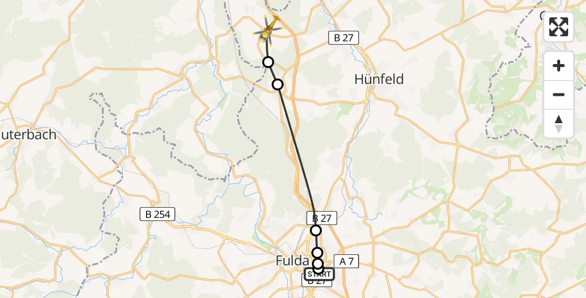 Flugroute Rettungshubschrauber Fulda Hospital - Burghaun, 16 Mai 2026, 12:48