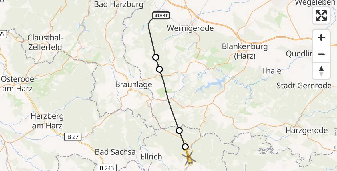 Flugroute Rettungshubschrauber Ilsenburg (Harz) - Harztor, 16 Mai 2026, 12:49