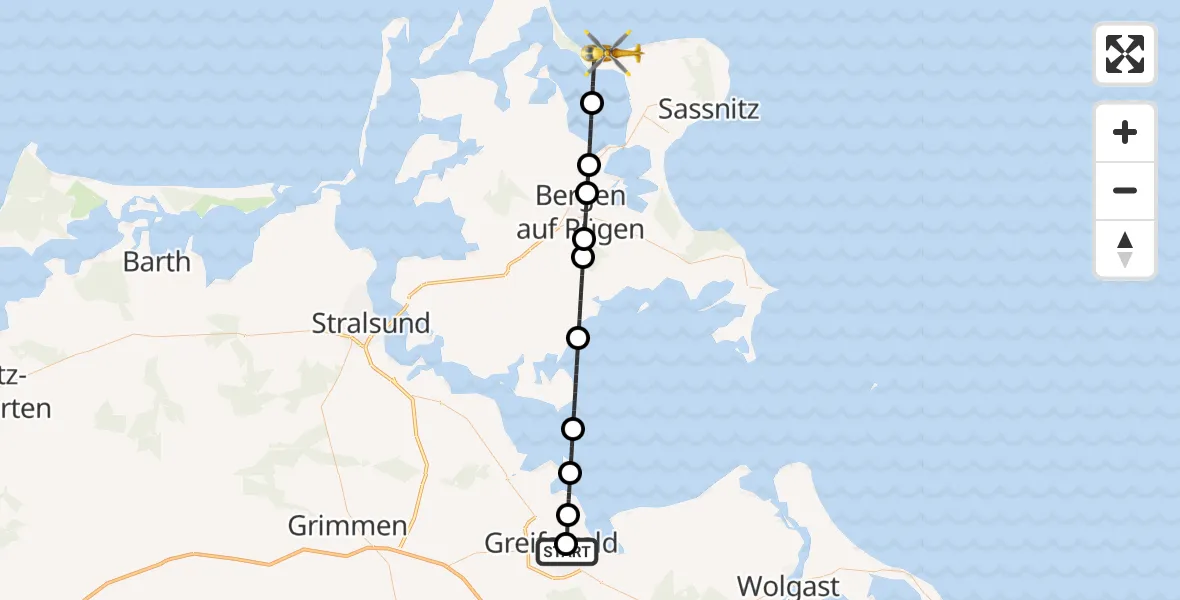 Flugroute Rettungshubschrauber Greifswald Hospital - Glowe, 16 Mai 2026, 12:53