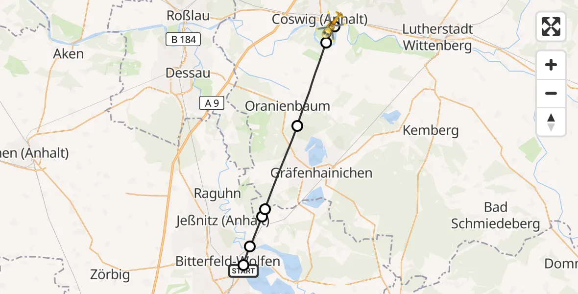 Flugroute Rettungshubschrauber Bitterfield-Wolfen Health Center Hubschrauberlandeplatz - MediClin Heart Center Coswig Hubschrauberlandeplatz, 16 Mai 2026, 13:09