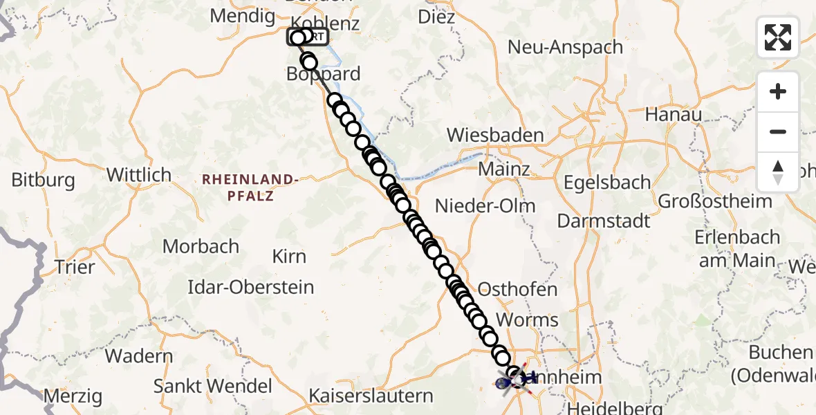 Flugroute Polizeihubschrauber Koblenz-Winningen Flugplatz - Autobahnpolizei Ruchheim Hubschrauberlandeplatz, 16 Mai 2026, 13:20