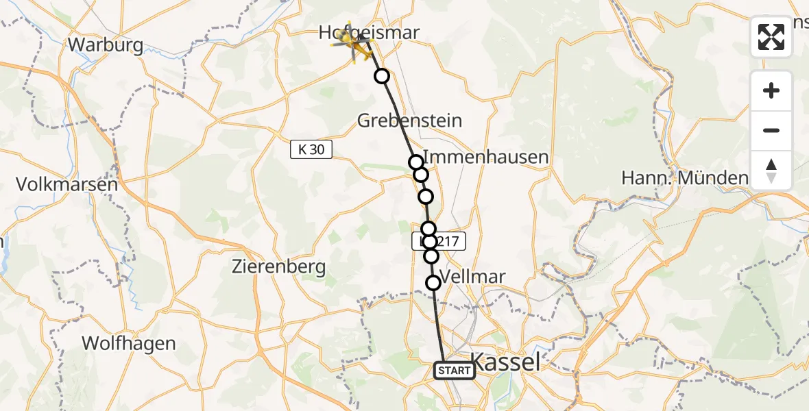 Flugroute Rettungshubschrauber Kassel - Hofgeismar, 16 Mai 2026, 13:31