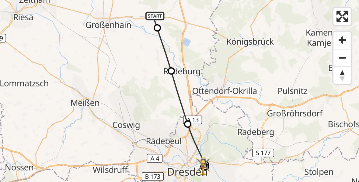 Flugroute Rettungshubschrauber Lampertswalde - Dresden University Hospital, 16 Mai 2026, 13:33