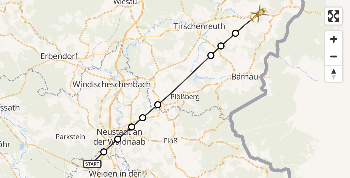 Flugroute Rettungshubschrauber Weiden i.d.OPf. - Mähring, 16 Mai 2026, 13:33