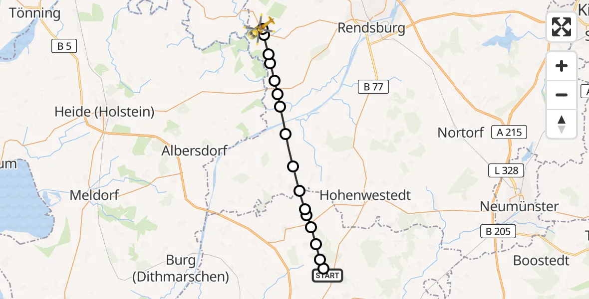 Flugroute Rettungshubschrauber Itzehoe Hungriger Wolf Flugplatz - Friedrichsholm, 16 Mai 2026, 13:36