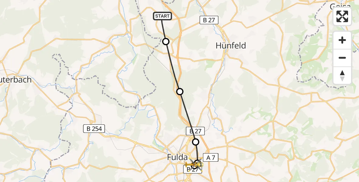 Flugroute Rettungshubschrauber Burghaun - Fulda Hospital, 16 Mai 2026, 13:39