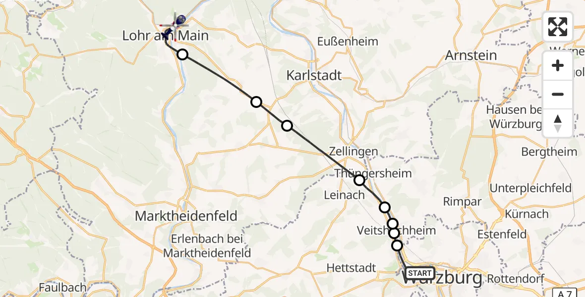 Flugroute Polizeihubschrauber Würzburg - Lohr a.Main, 16 Mai 2026, 13:41