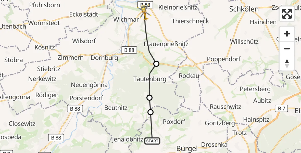 Flugroute Rettungshubschrauber Graitschen b.Bürgel - Frauenprießnitz, 16 Mai 2026, 13:43