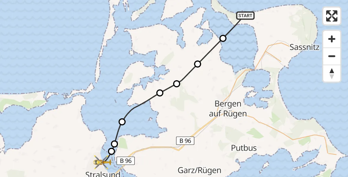 Flugroute Rettungshubschrauber Glowe - Stralsund, 16 Mai 2026, 13:44