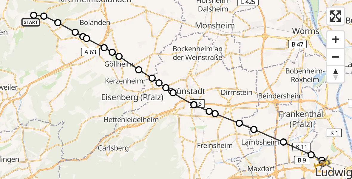 Flugroute Rettungshubschrauber Rockenhausen - Ludwigshafen Accident Hospital, 16 Mai 2026, 13:44