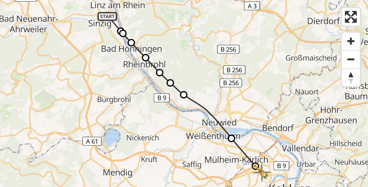 Flugroute Rettungshubschrauber Sinzig - Koblenz, 16 Mai 2026, 13:45