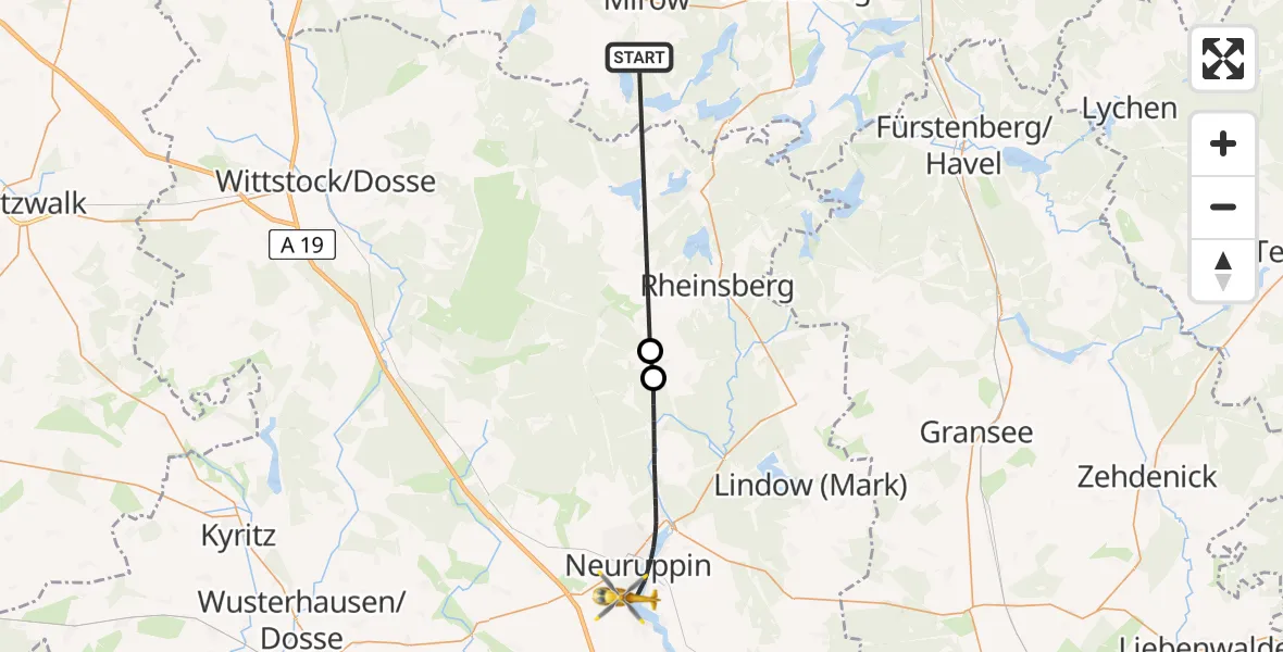 Flugroute Rettungshubschrauber Mirow - Rupin Hospital, 16 Mai 2026, 13:45