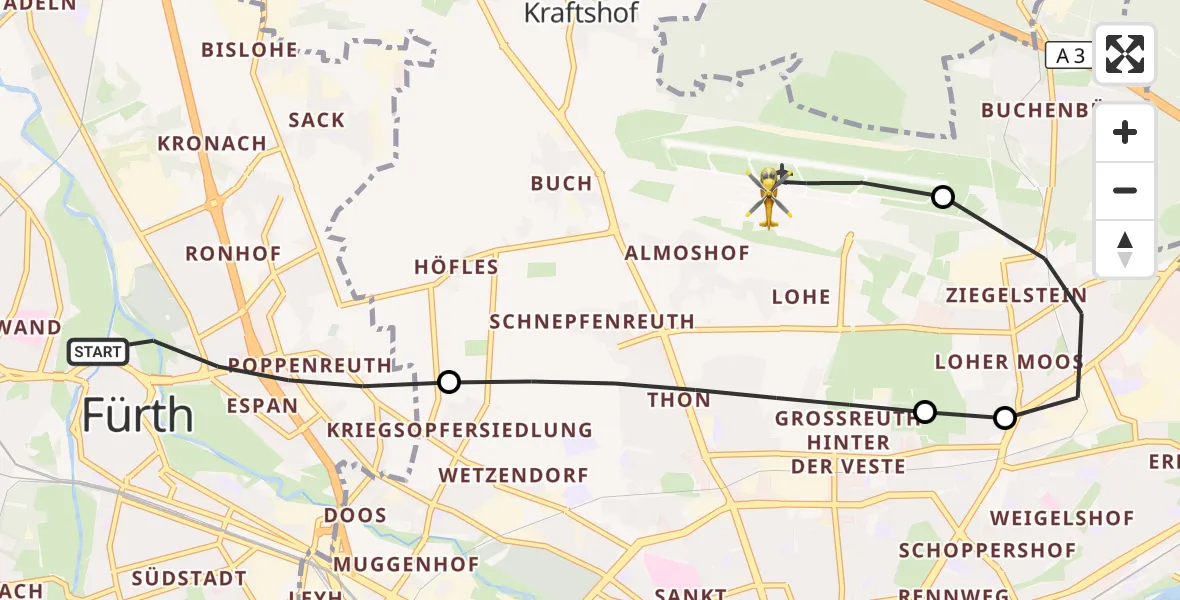 Flugroute Ambulanzhubschrauber Fürth - Flughafen Nuremberg, 16 Mai 2026, 13:48
