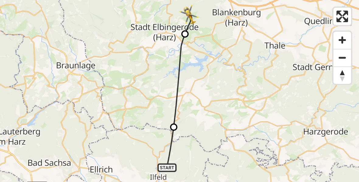 Flugroute Rettungshubschrauber Harztor - Blankenburg (Harz), 16 Mai 2026, 13:54