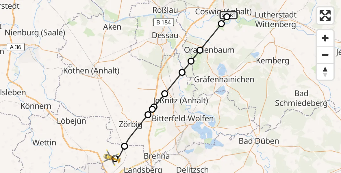 Flugroute Rettungshubschrauber MediClin Heart Center Coswig Hubschrauberlandeplatz - Halle-Oppin Flugplatz, 16 Mai 2026, 13:54